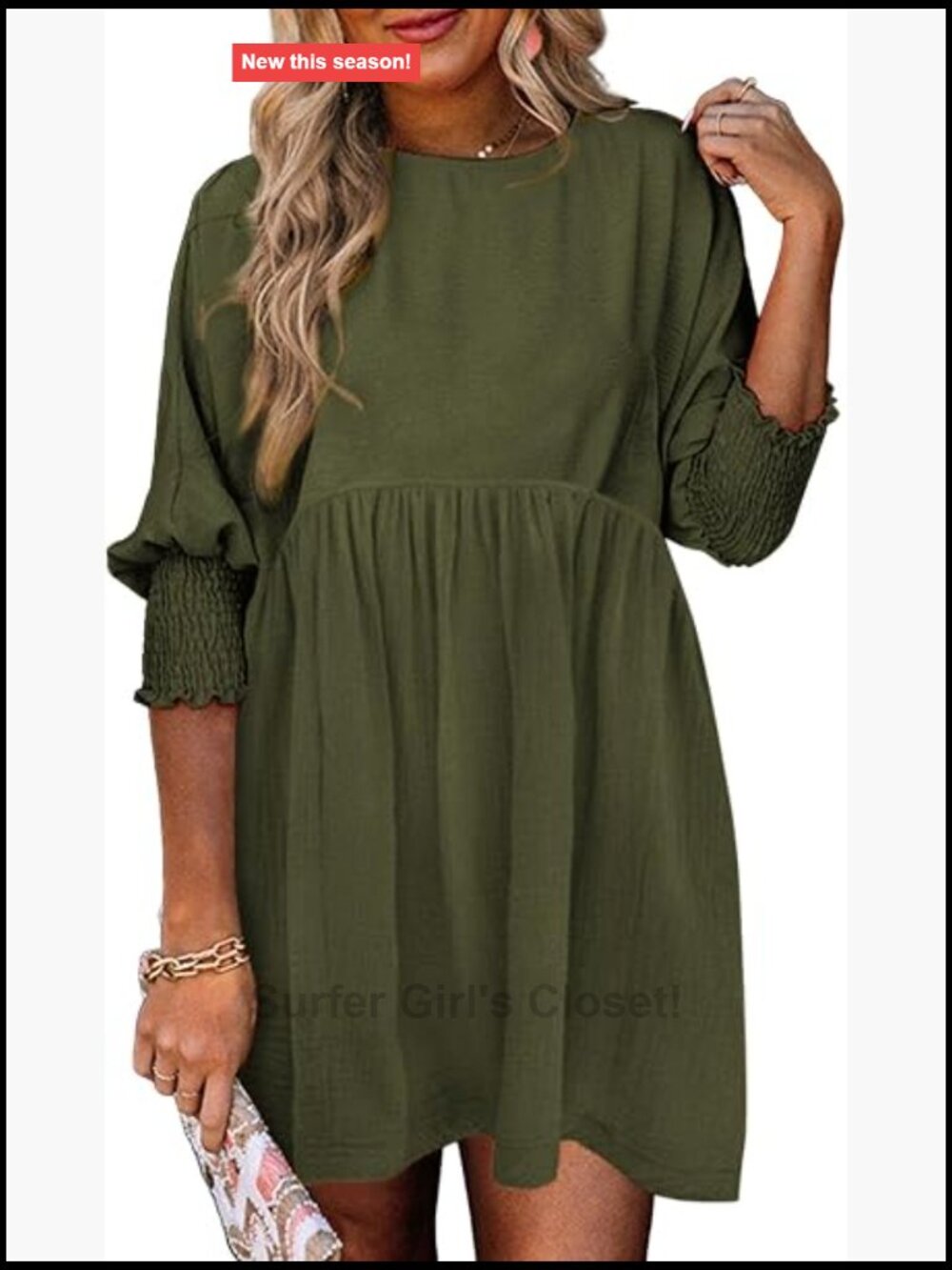 Dokotoo 3/4 Sleeve Babydoll Mini Dress High Waist Ruffle Hem